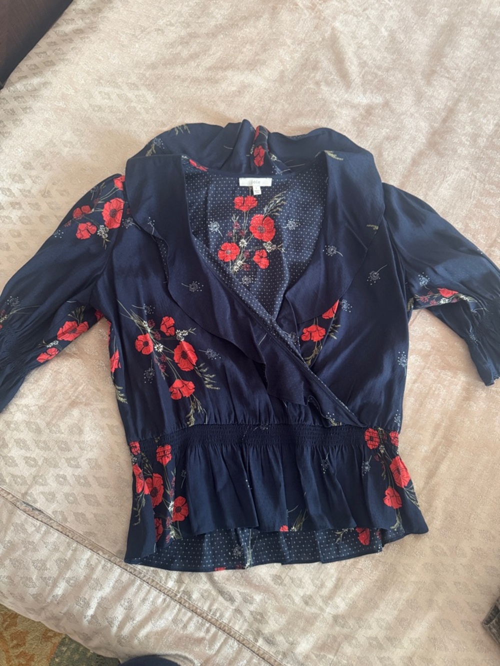 Joie Navy Floral Wrap Blouse with Red Poppies